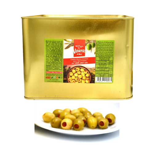 D - NAWRAS GEMLIK GREEN OLIVES WITH RED PEPPER 1X5KG					